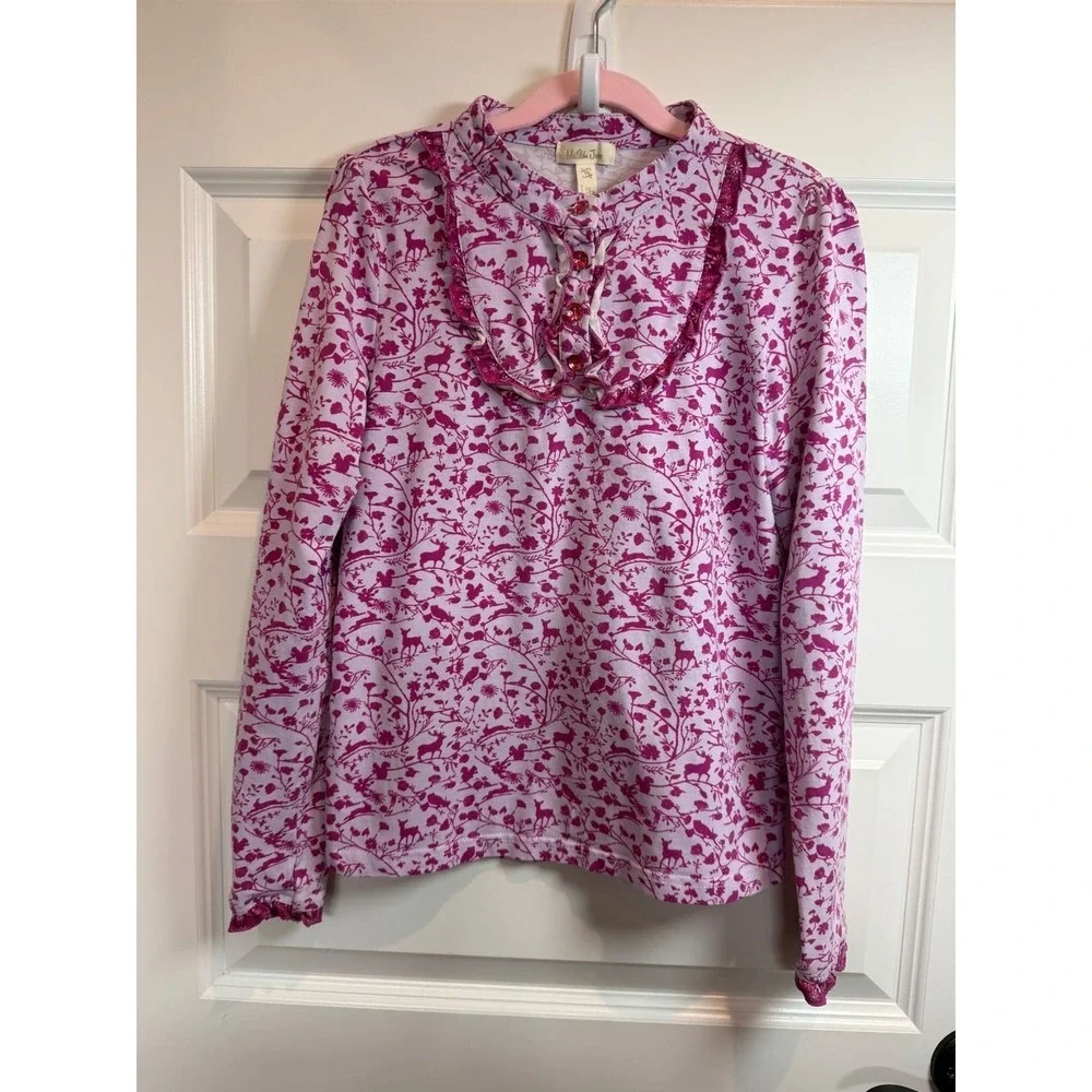 24. Matilda Jane Girls Pink Woodland Animal Silhouette Ruffle Bib Top Size 10
